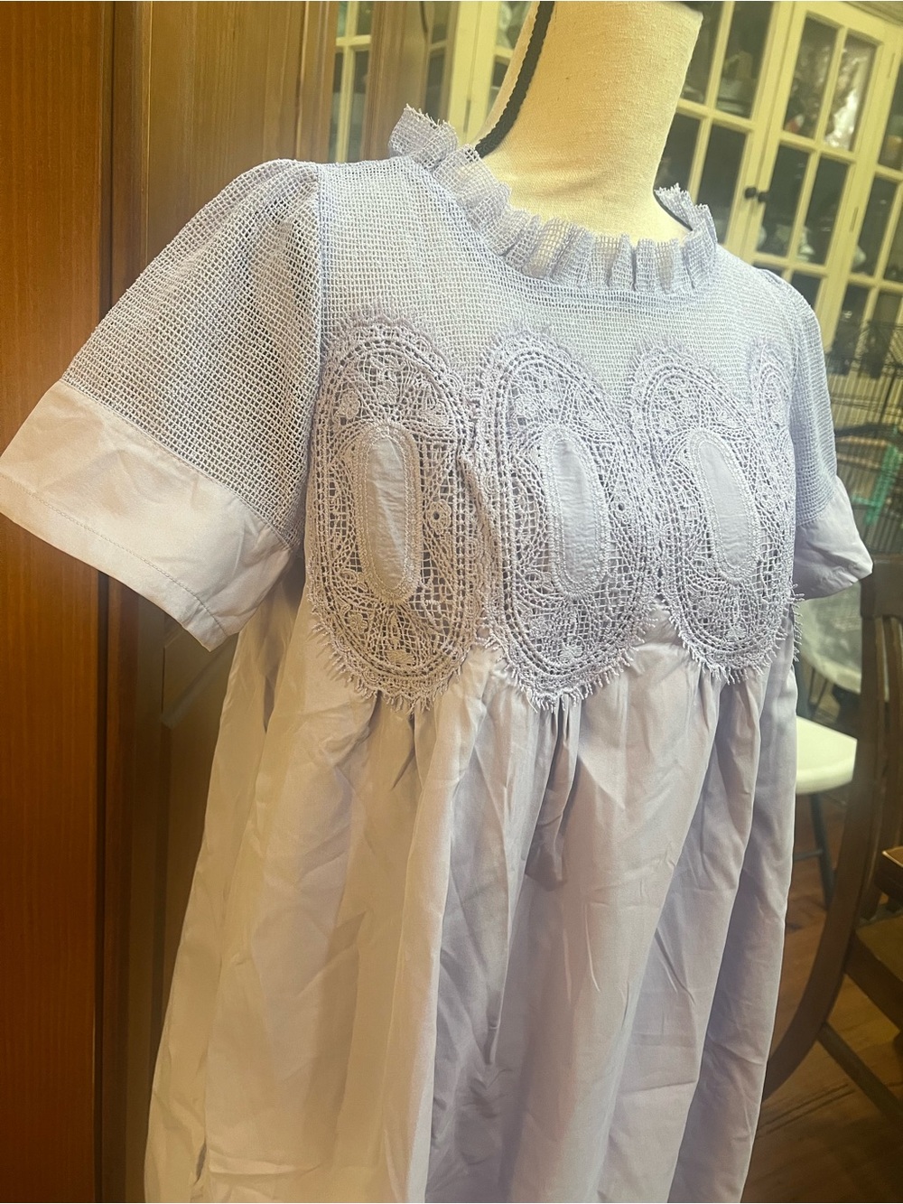 Lilac Crochet Yoke Mini babydoll Dress - Short Sleeve A-Line - Picture 3 of 13
